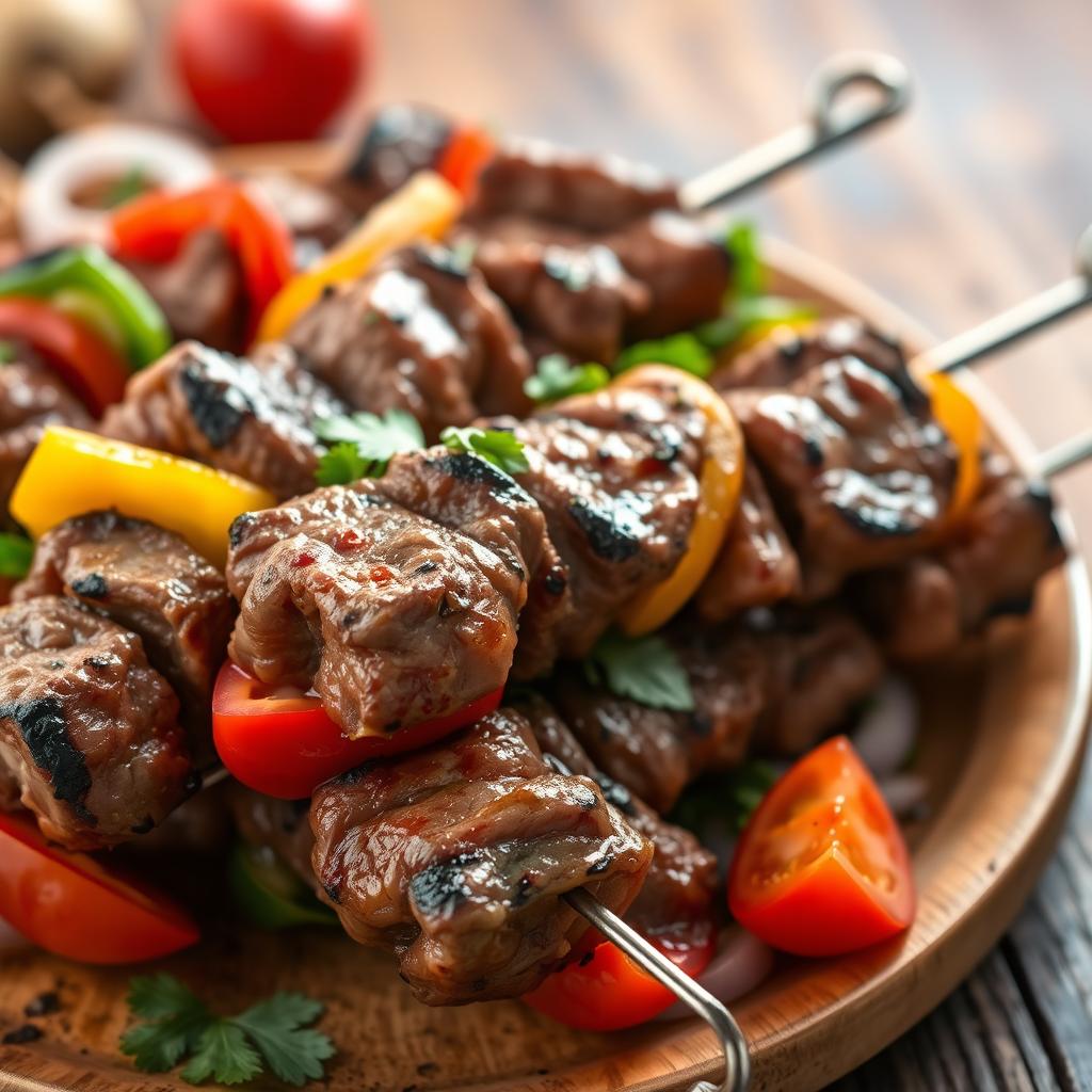 A close-up of beautifully arranged shashlik skewers with juicy, tender pieces of marinated lamb, grilled to perfection