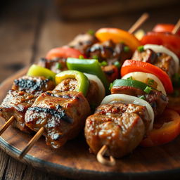 A close-up of beautifully arranged shashlik skewers with juicy, tender pieces of marinated lamb, grilled to perfection