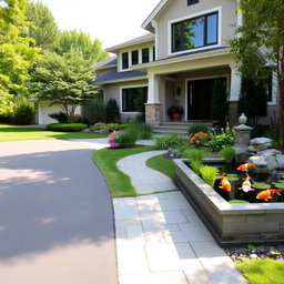 A beautiful front of a modern house, featuring a side driveway leading to the entrance
