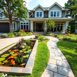 A beautiful front of a modern house, featuring a side driveway leading to the entrance