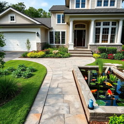A beautiful front of a modern house, featuring a side driveway leading to the entrance