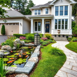 A beautiful front of a modern house, featuring a side driveway leading to the entrance