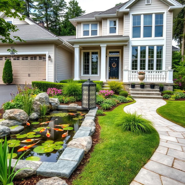 A beautiful front of a modern house, featuring a side driveway leading to the entrance