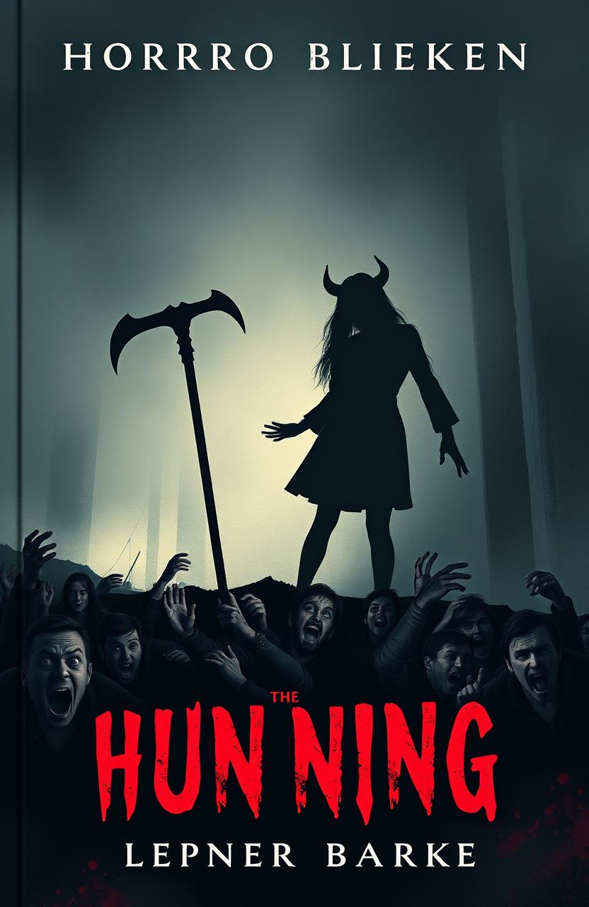 A horror book cover featuring the ominous shadow of a demonic girl standing with a miners pick, casting a long, dark silhouette