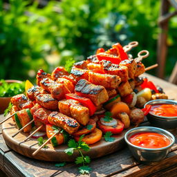 A vibrant and appetizing scene showcasing a platter of grilled shashlik, featuring juicy pieces of marinated meat beautifully skewered alongside colorful vegetables such as bell peppers and onions