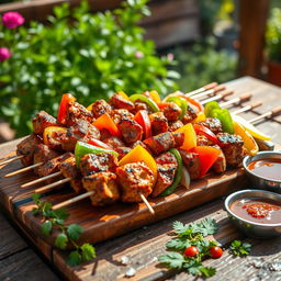 A vibrant and appetizing scene showcasing a platter of grilled shashlik, featuring juicy pieces of marinated meat beautifully skewered alongside colorful vegetables such as bell peppers and onions