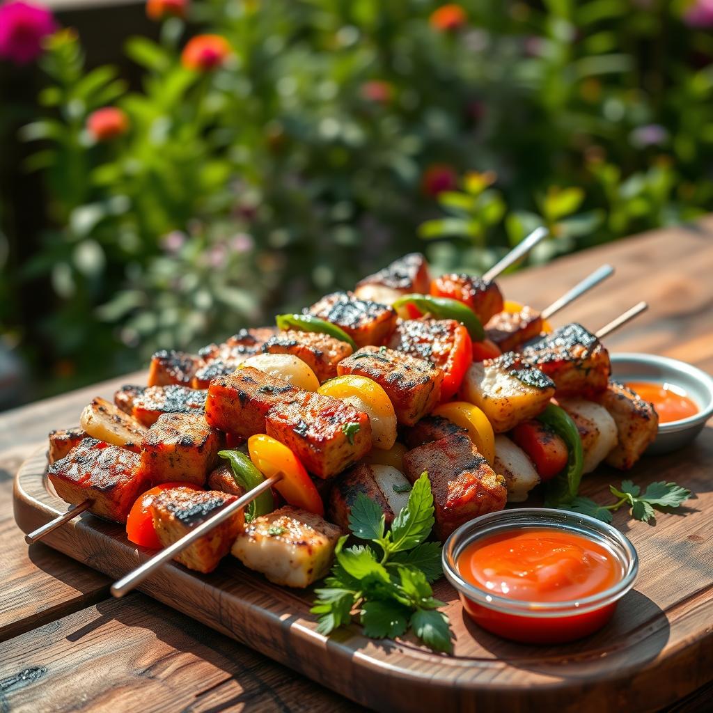 A vibrant and appetizing scene showcasing a platter of grilled shashlik, featuring juicy pieces of marinated meat beautifully skewered alongside colorful vegetables such as bell peppers and onions