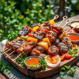 A vibrant and appetizing scene showcasing a platter of grilled shashlik, featuring juicy pieces of marinated meat beautifully skewered alongside colorful vegetables such as bell peppers and onions