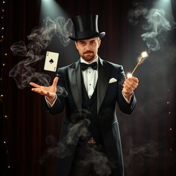 A mysterious magician, dressed in an elegant black tuxedo with a top hat, performing a captivating illusion