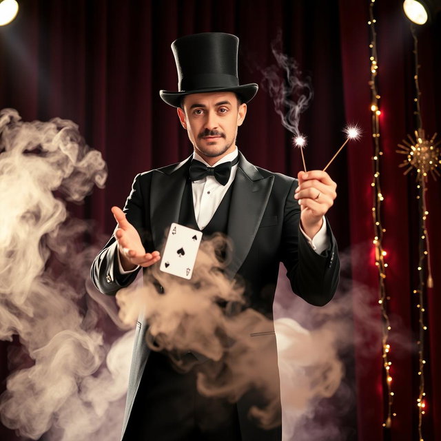 A mysterious magician, dressed in an elegant black tuxedo with a top hat, performing a captivating illusion
