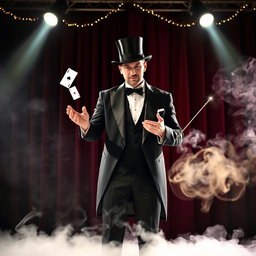 A mysterious magician, dressed in an elegant black tuxedo with a top hat, performing a captivating illusion