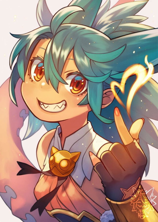 A cheerful anime-style character with spiky teal hair and vibrant, expressive orange eyes