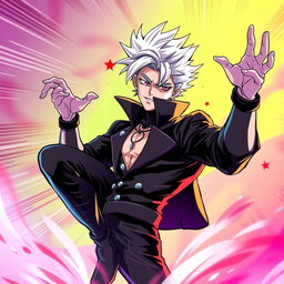 Satoru Gojo styled as a character from JoJo's Bizarre Adventure, with an exaggerated and dynamic pose typical of the series