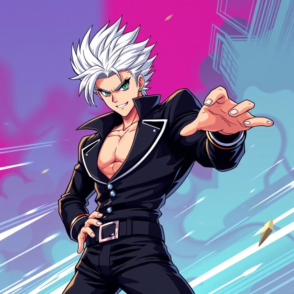 Satoru Gojo styled as a character from JoJo's Bizarre Adventure, with an exaggerated and dynamic pose typical of the series