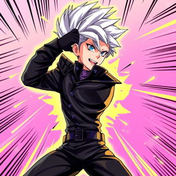 Satoru Gojo styled as a character from JoJo's Bizarre Adventure, with an exaggerated and dynamic pose typical of the series