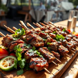 A delicious platter of shashlik, featuring tender marinated chunks of lamb skewered and grilled to perfection