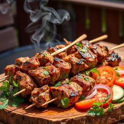 A delicious platter of shashlik, featuring tender marinated chunks of lamb skewered and grilled to perfection