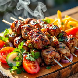 A delicious platter of shashlik, featuring tender marinated chunks of lamb skewered and grilled to perfection
