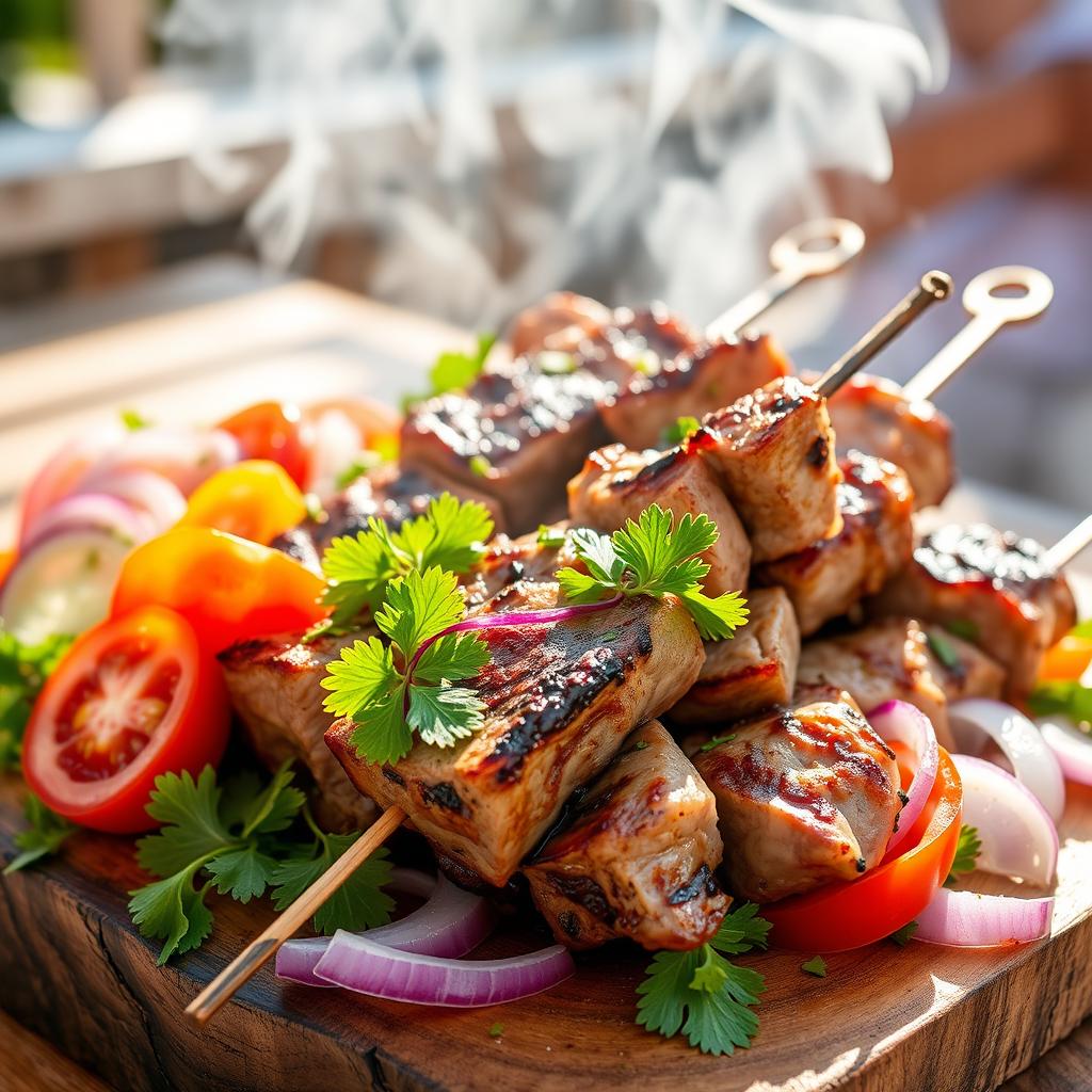 A delicious platter of shashlik, featuring tender marinated chunks of lamb skewered and grilled to perfection