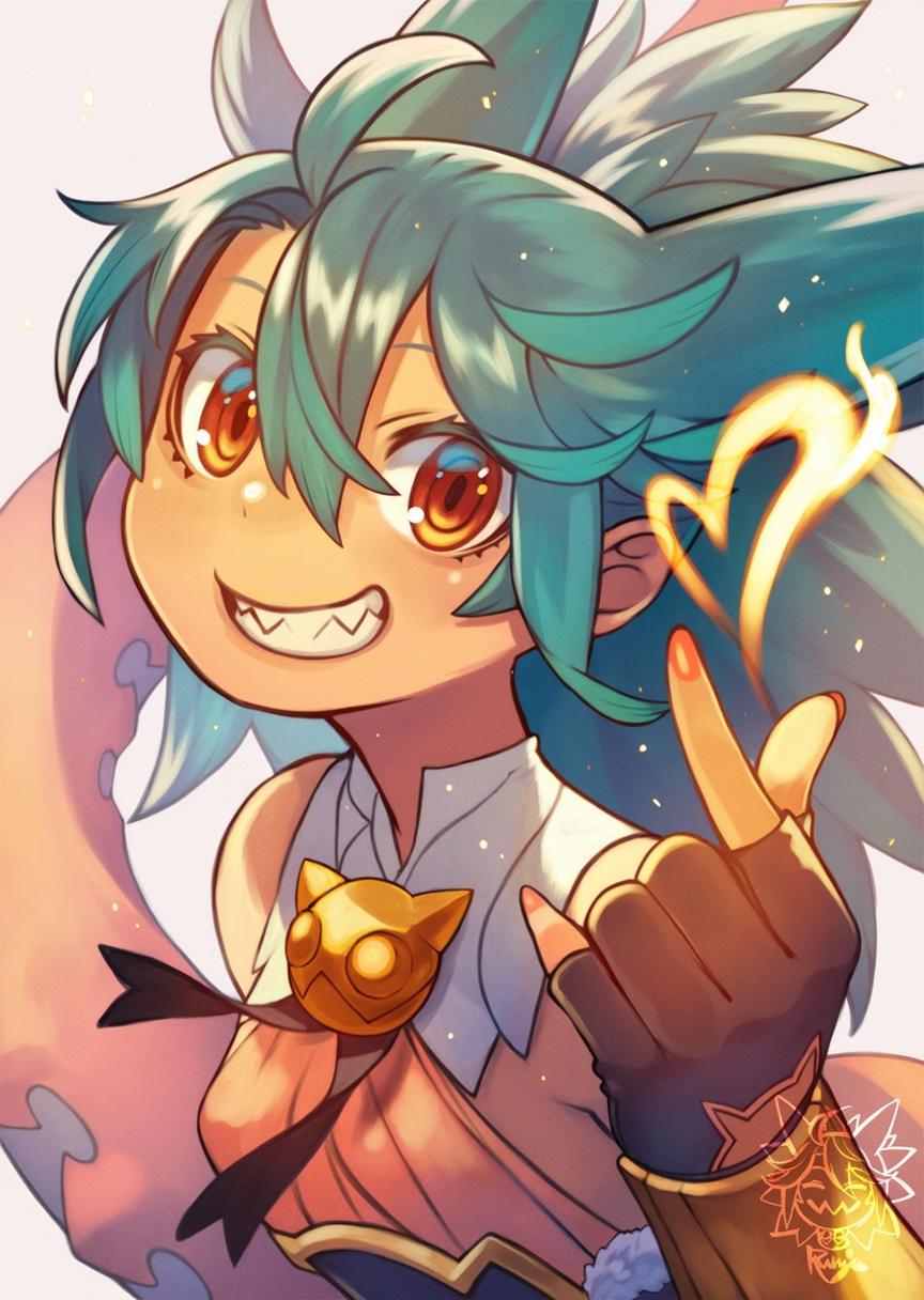 An illustration of a cheerful anime character with teal hair, sharp teeth, and bright orange eyes