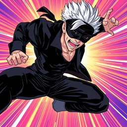 Satoru Gojo illustrated in the style of 'JoJo's Bizarre Adventure', featuring a high-energy dynamic pose that captures his confidence and charisma