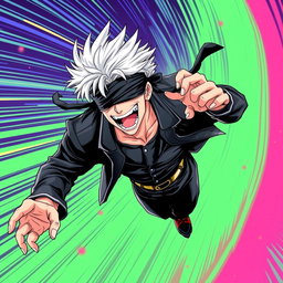 Satoru Gojo illustrated in the style of 'JoJo's Bizarre Adventure', featuring a high-energy dynamic pose that captures his confidence and charisma