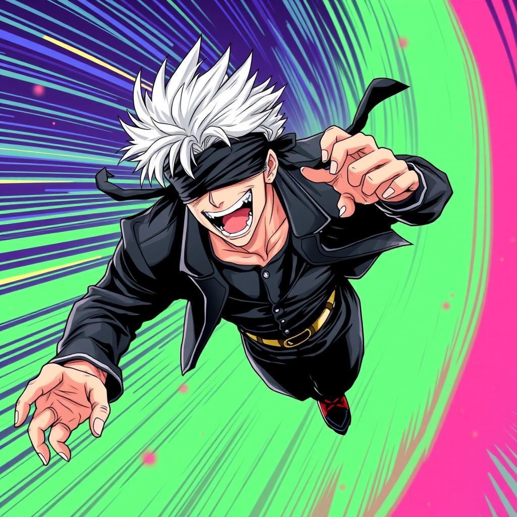 Satoru Gojo illustrated in the style of 'JoJo's Bizarre Adventure', featuring a high-energy dynamic pose that captures his confidence and charisma
