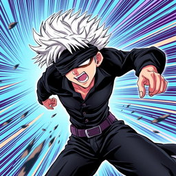 Satoru Gojo illustrated in the style of 'JoJo's Bizarre Adventure', featuring a high-energy dynamic pose that captures his confidence and charisma