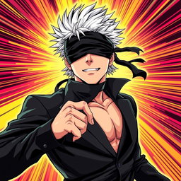 Satoru Gojo illustrated in the style of 'JoJo's Bizarre Adventure', featuring a high-energy dynamic pose that captures his confidence and charisma