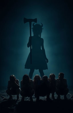 A vivid and dramatic scene featuring the shadow of a demonic girl towering over a group of terrified people