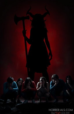 A vivid and dramatic scene featuring the shadow of a demonic girl towering over a group of terrified people