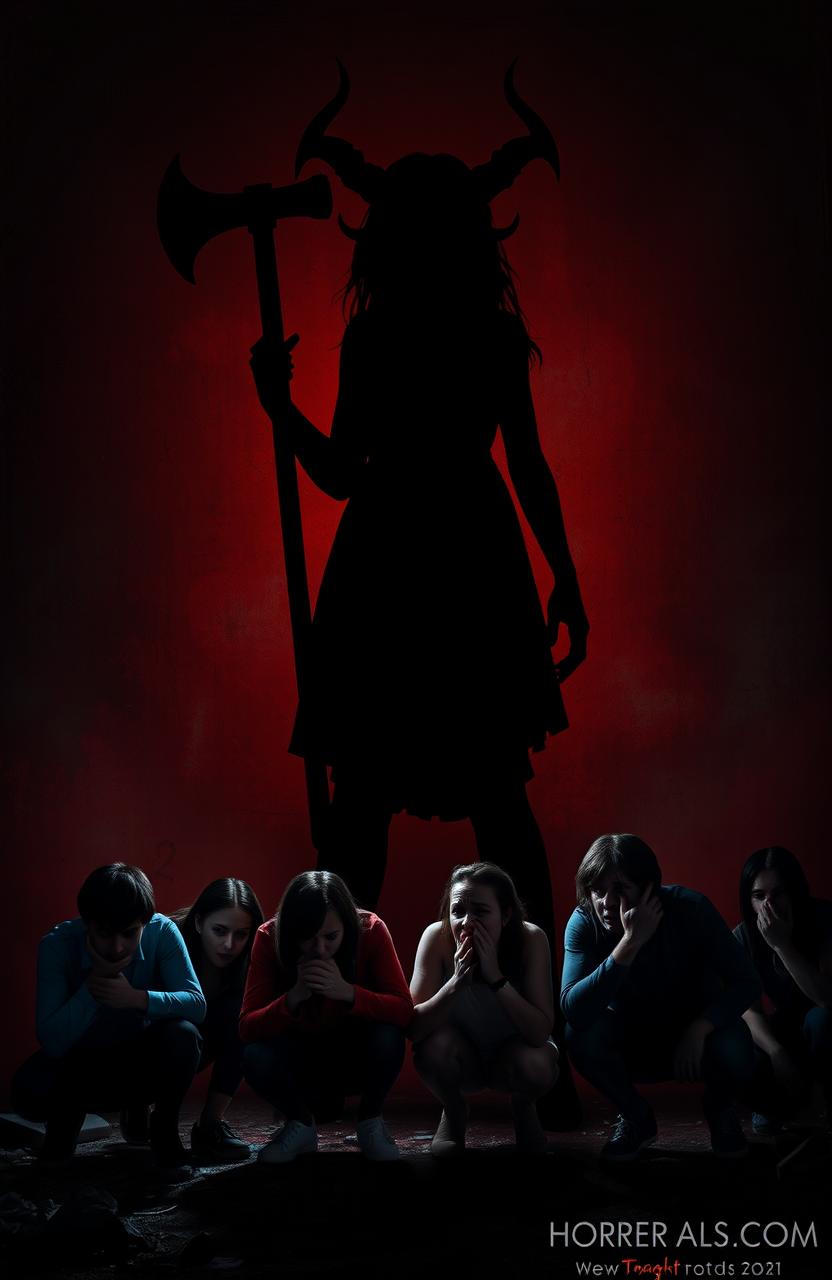 A vivid and dramatic scene featuring the shadow of a demonic girl towering over a group of terrified people