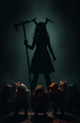A vivid and dramatic scene featuring the shadow of a demonic girl towering over a group of terrified people