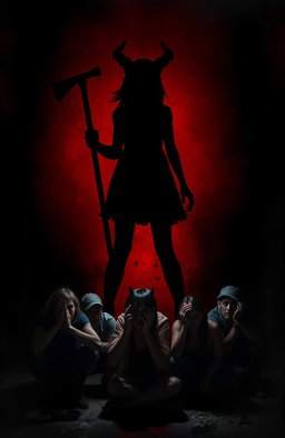 A vivid and dramatic scene featuring the shadow of a demonic girl towering over a group of terrified people