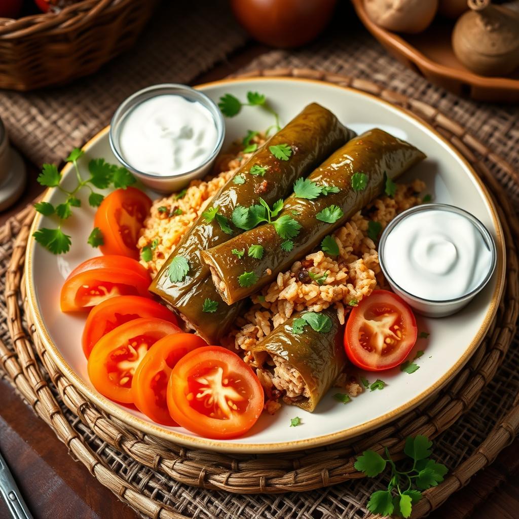 A beautifully presented dish of 'Bukhariy Dolma', a traditional Central Asian rice dish, featuring grape leaves wrapped around aromatic spiced rice filled with minced meat, herbs, and spices
