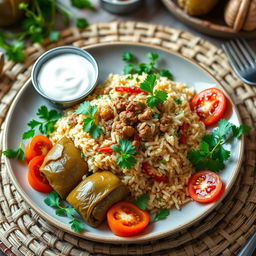 A beautifully presented dish of 'Bukhariy Dolma', a traditional Central Asian rice dish, featuring grape leaves wrapped around aromatic spiced rice filled with minced meat, herbs, and spices