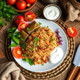 A beautifully presented dish of 'Bukhariy Dolma', a traditional Central Asian rice dish, featuring grape leaves wrapped around aromatic spiced rice filled with minced meat, herbs, and spices