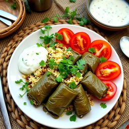 A beautifully presented dish of 'Bukhariy Dolma', a traditional Central Asian rice dish, featuring grape leaves wrapped around aromatic spiced rice filled with minced meat, herbs, and spices