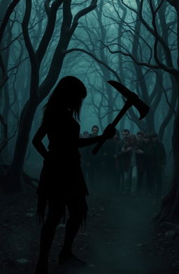 A dark, atmospheric forest setting with a chilling ambiance