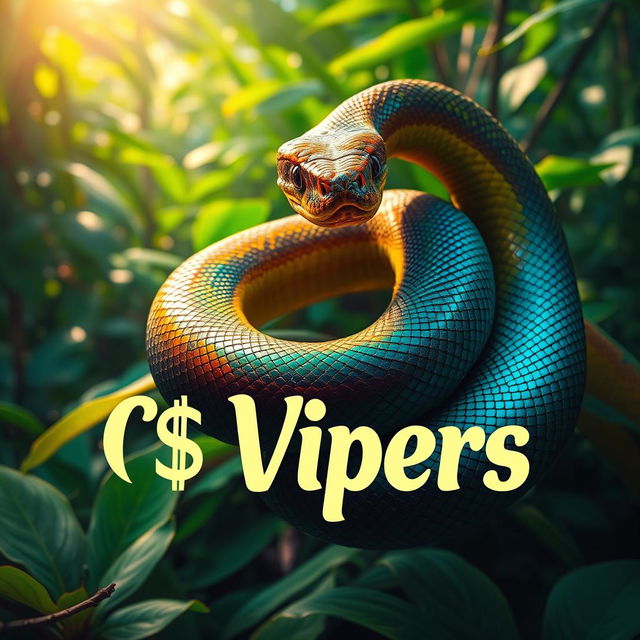 A majestic snake coiling gracefully with its scales glistening in vivid colors, showcasing intricate patterns and textures