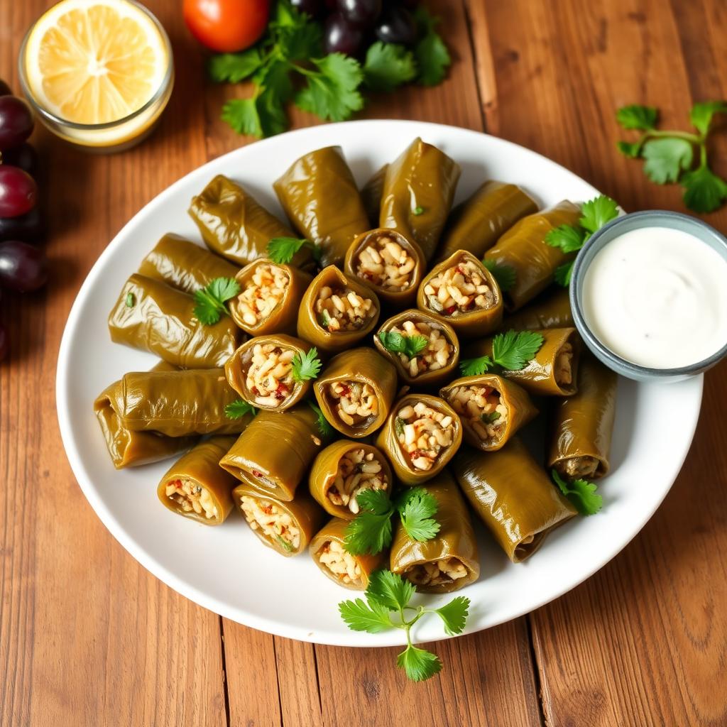 A beautifully arranged platter of dolma, featuring grape leaves filled with a savory mix of rice, herbs, and spices