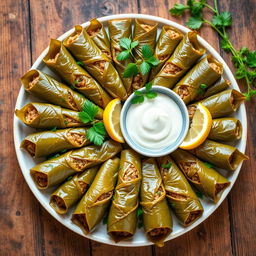 A beautifully arranged platter of dolma, featuring grape leaves filled with a savory mix of rice, herbs, and spices