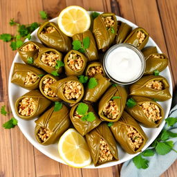 A beautifully arranged platter of dolma, featuring grape leaves filled with a savory mix of rice, herbs, and spices