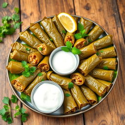 A beautifully arranged platter of dolma, featuring grape leaves filled with a savory mix of rice, herbs, and spices