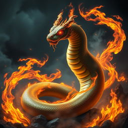 A majestic serpent with fiery demon flames swirling around its body, the serpent's scales shimmering with a mix of green and gold hues, its eyes glowing red with an intense gaze