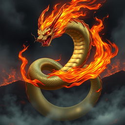 A majestic serpent with fiery demon flames swirling around its body, the serpent's scales shimmering with a mix of green and gold hues, its eyes glowing red with an intense gaze