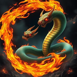 A majestic serpent with fiery demon flames swirling around its body, the serpent's scales shimmering with a mix of green and gold hues, its eyes glowing red with an intense gaze