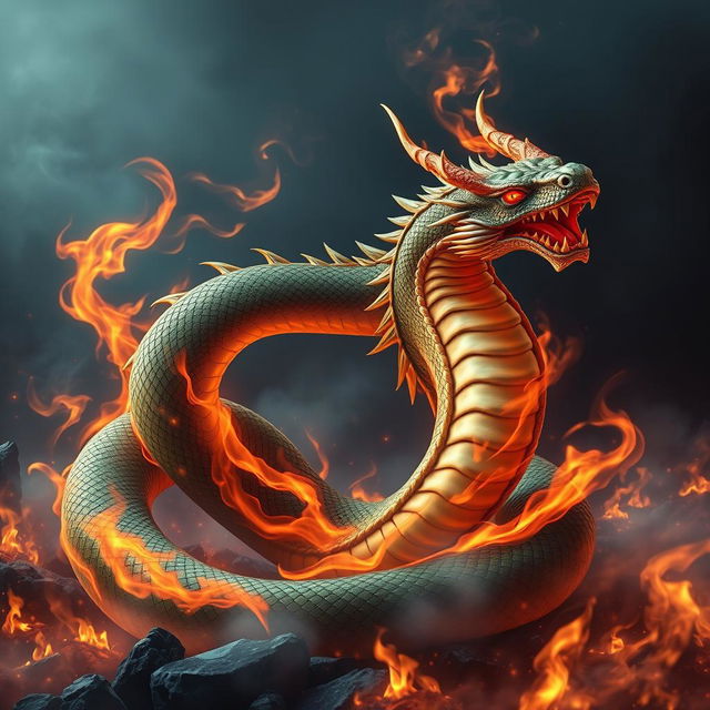 A majestic serpent with fiery demon flames swirling around its body, the serpent's scales shimmering with a mix of green and gold hues, its eyes glowing red with an intense gaze