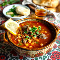 A warm and inviting bowl of traditional Moroccan Harira soup, rich in spices and textures