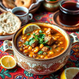 A warm and inviting bowl of traditional Moroccan Harira soup, rich in spices and textures